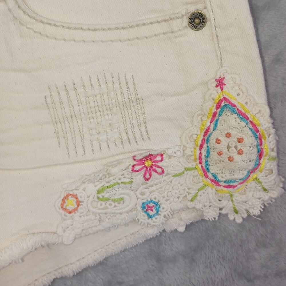 Y2K Mudd Crochet Low Denim Short Size 1 Cream Cutoff Shortie Festival Indie Boho - Picture 7 of 12